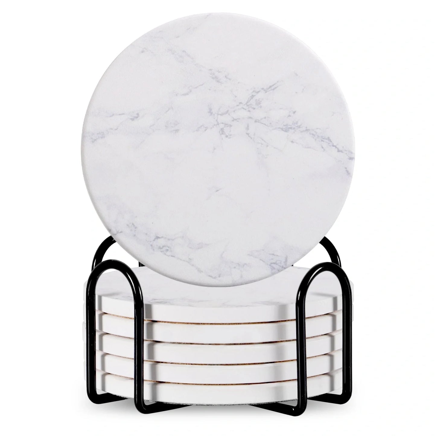 Set of 6 ceramic beverage coasters with metal stand and cork base, elegant and practical.