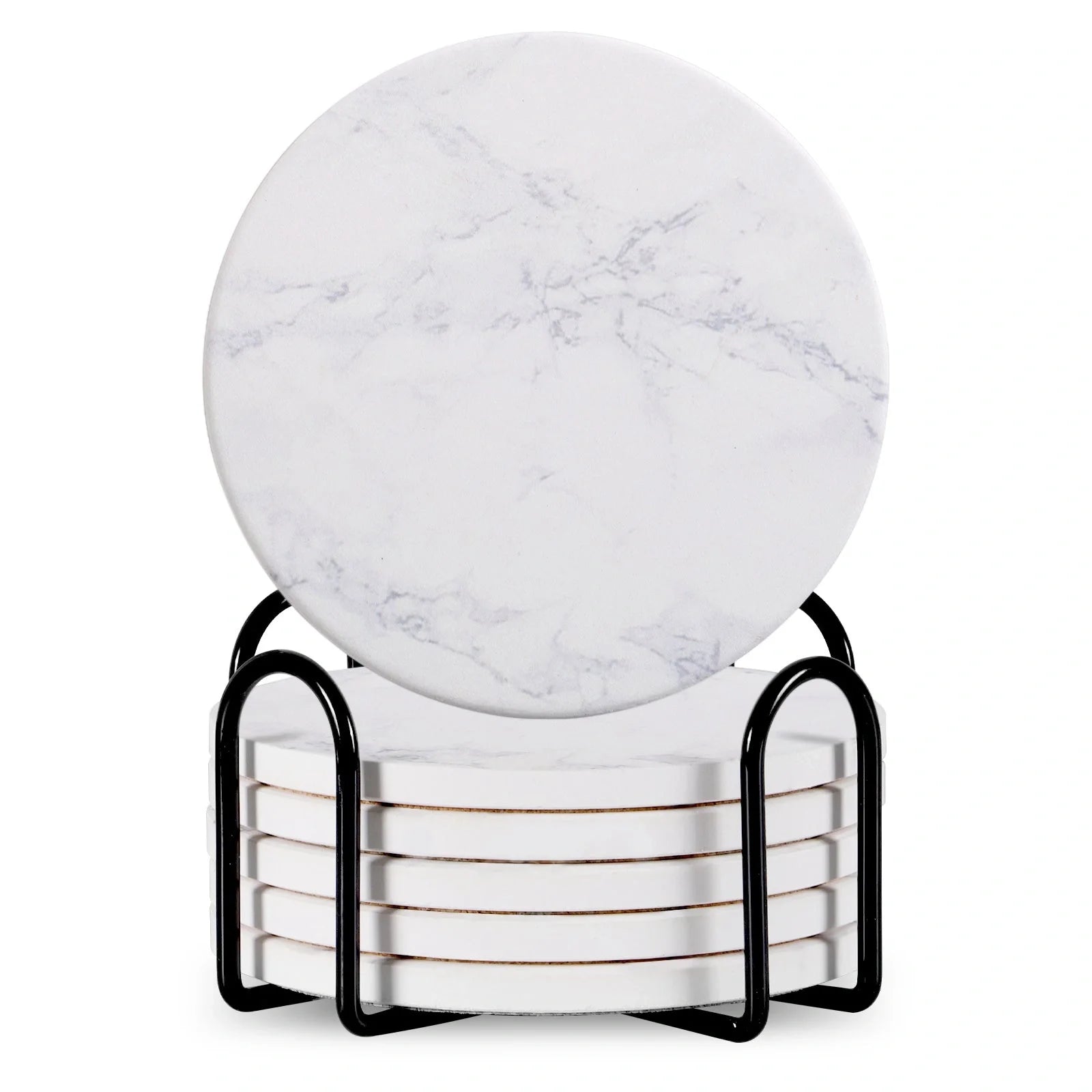 Set of 6 ceramic beverage coasters with metal stand and cork base, elegant and practical.