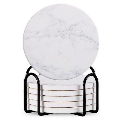 Set of 6 ceramic beverage coasters with metal stand and cork base, elegant and practical.