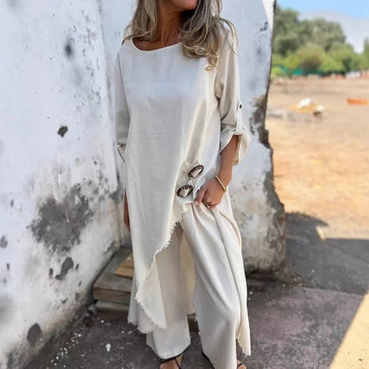 Women's loose irregular long suit set with geometric design and wide-leg trousers