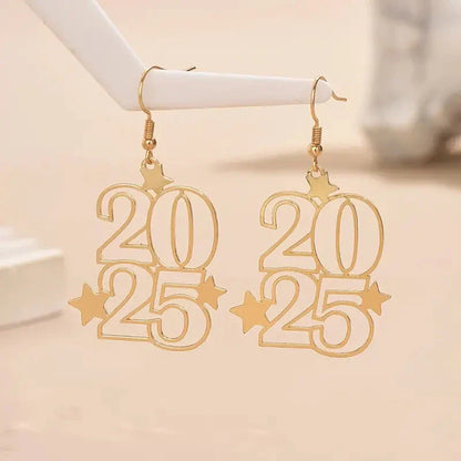 Gold-tone dangle earrings with '2025' design, ideal for New Year's Eve and other fashionable celebrations