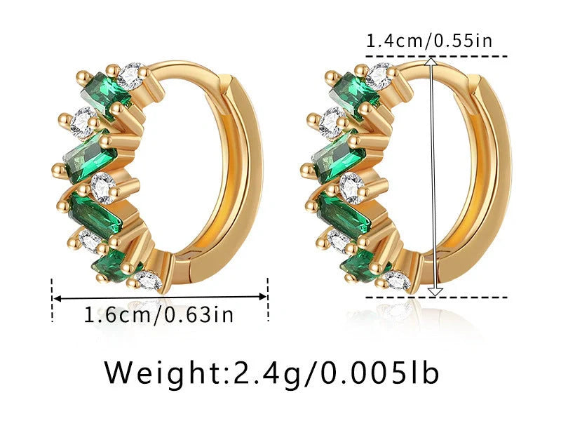 Elegant leaf-patterned ear clips with zircon and emerald gemstones, crafted in premium 18-carat gold-plated copper