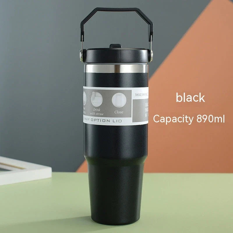 Stainless steel insulated tumbler with handle, available in multiple colors and sizes, designed to keep drinks hot or cold for hours.