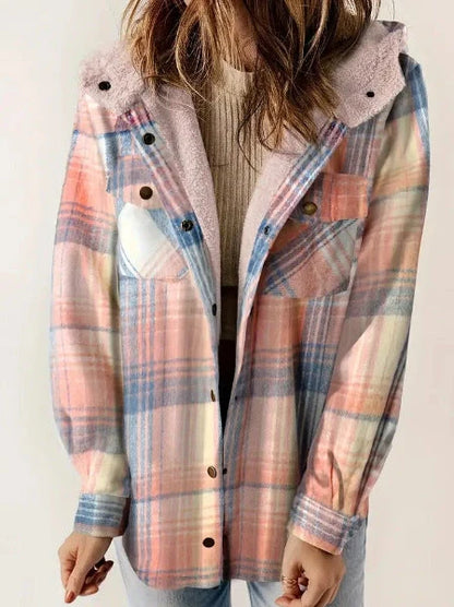 Casual plaid hooded woolen coat with fleece lining in various colours