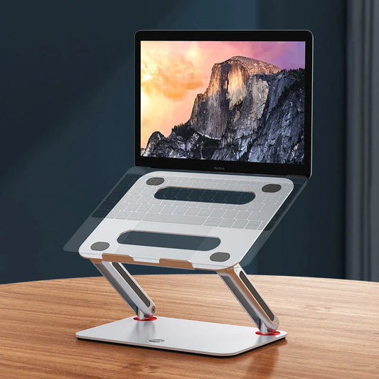 Adjustable aluminium laptop stand with foldable design and ventilated cooling rack for desks