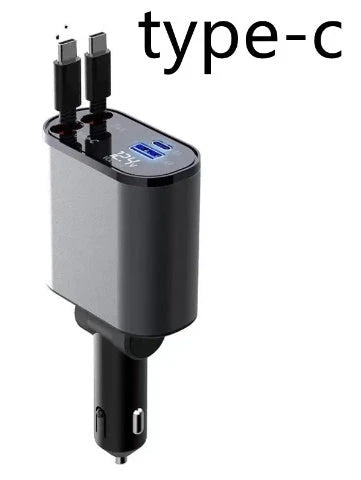 Ultra-Fast 100W Car Charger with Retractable Cable and Adjustable Connector for Rapid Smartphone, Tablet, and Laptop Charging