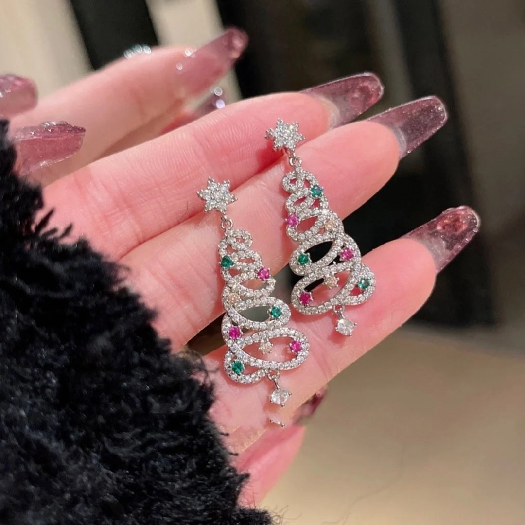 Women's Christmas Tree Tassel Earrings with colourful zircon inlays