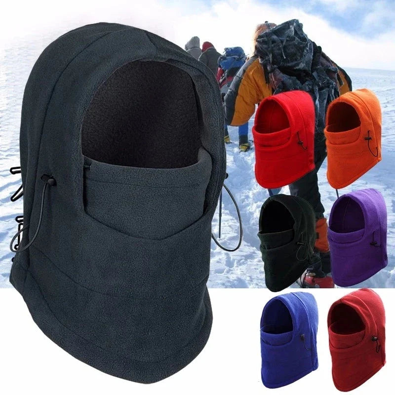 Versatile outdoor winter headwear with a warm fleece hat, face mask, and neck scarf for cold weather protection