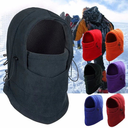 Versatile outdoor winter headwear with a warm fleece hat, face mask, and neck scarf for cold weather protection