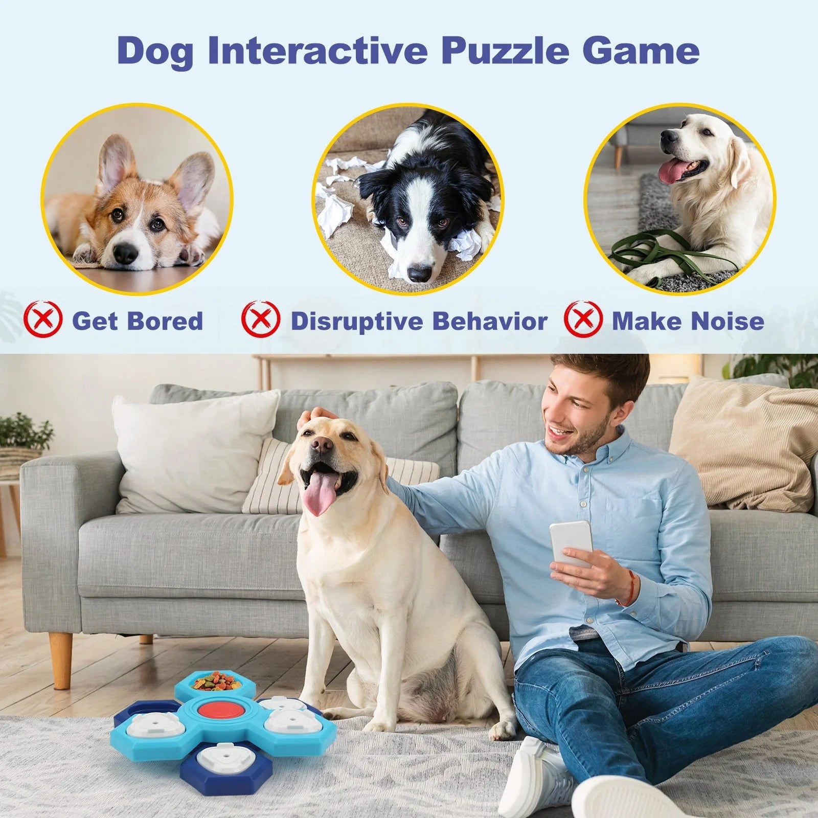 Blue 4-layer slow feeder puzzle dog bowl for controlled eating and mental stimulation
