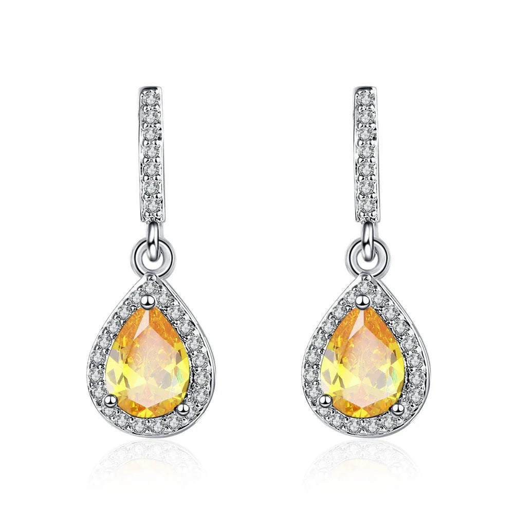 Drop shape ear studs with micro inlaid zircon stones in white gold colour finish