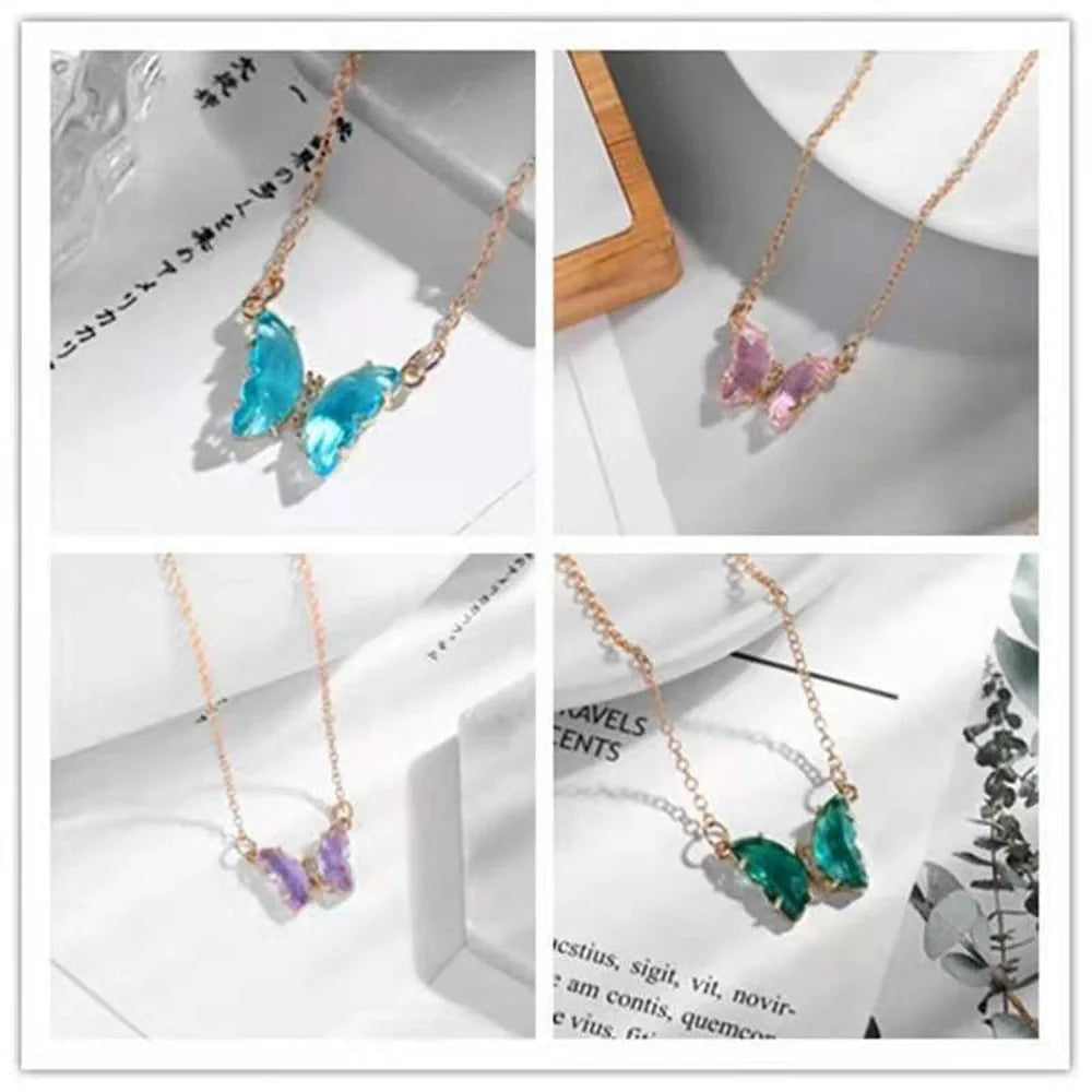 Girl Fantasy Glass Crystal Butterfly Necklace in blue, purple, light blue, and pink