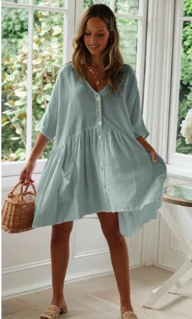 Beach Bikini Blouse Loose Button Vacation Skirt in white and black, perfect for swimming and wading.