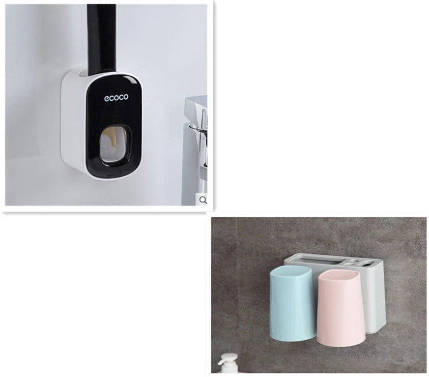 Wall-mounted automatic toothpaste dispenser with storage cups for toothbrush and bathroom accessories