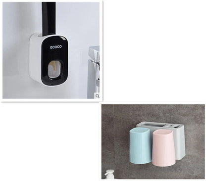 Wall-mounted automatic toothpaste dispenser with storage cups for toothbrush and bathroom accessories