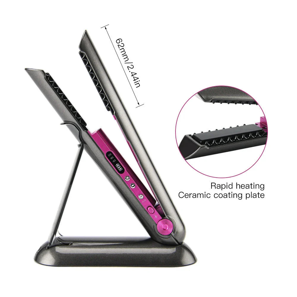Cordless ceramic straightening and curling iron with rechargeable battery and adjustable heat settings