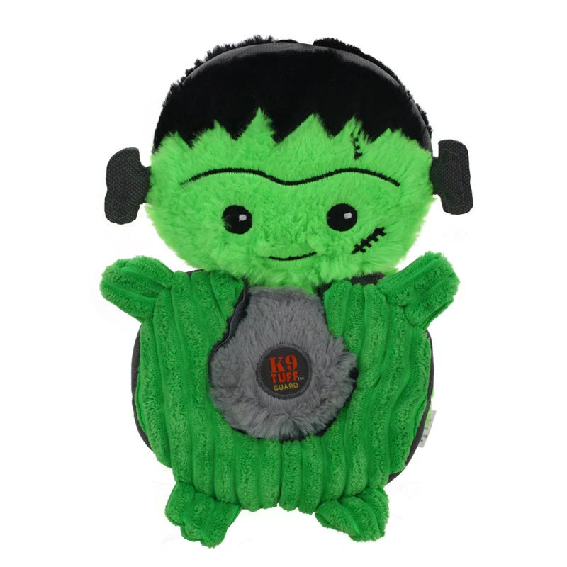 Halloween-themed plush dog toys with squeak features in grey, orange, and green