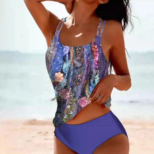 Vintage Printed Split High Waist Conservative Swimwear in black, pink, and grey green