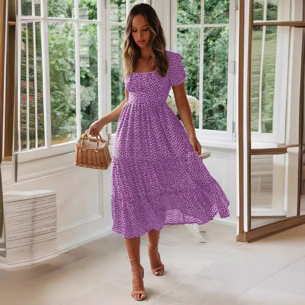 Elegant floral puff sleeve midi dress in various colours and patterns