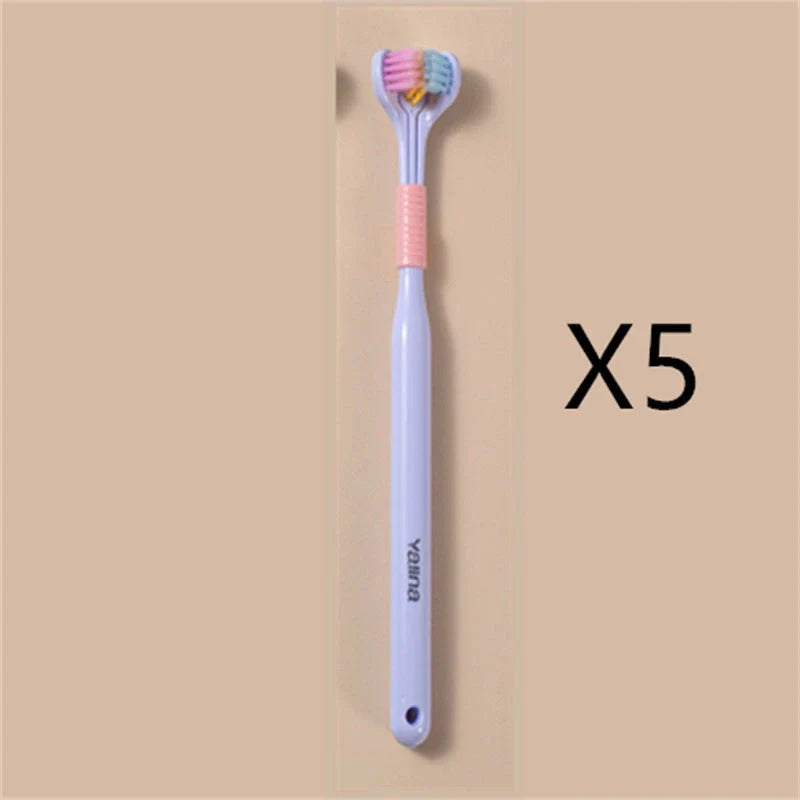 Soft bristle toothbrush with 3-sided brush head for thorough dental cleaning