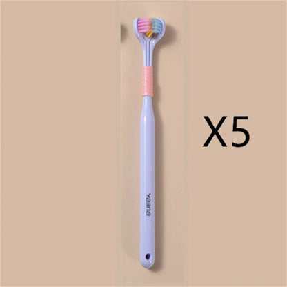 Soft bristle toothbrush with 3-sided brush head for thorough dental cleaning