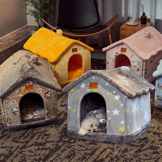 Cozy pet hideaway: Plush, foldable dog house and cat bed in various stylish designs