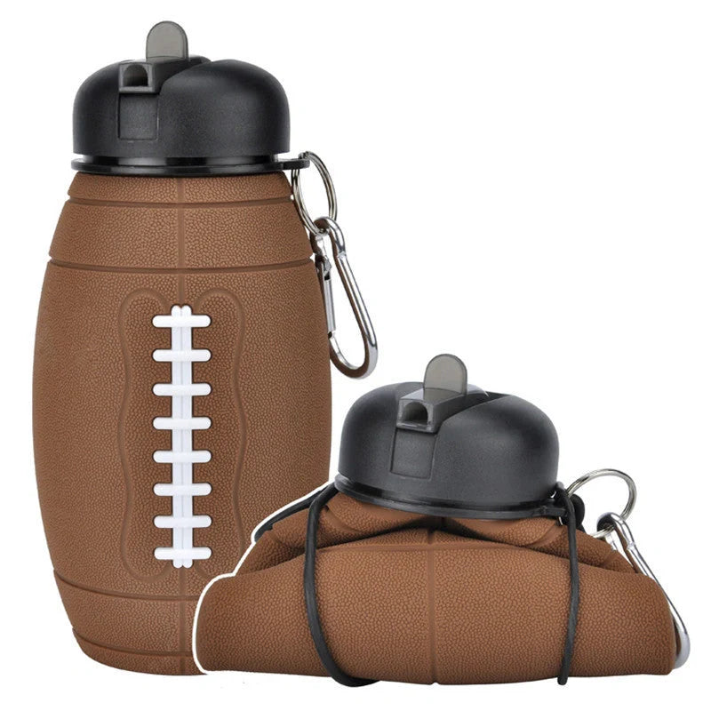 Brown rugby ball-shaped collapsible water bottle with leak-proof silicone seal