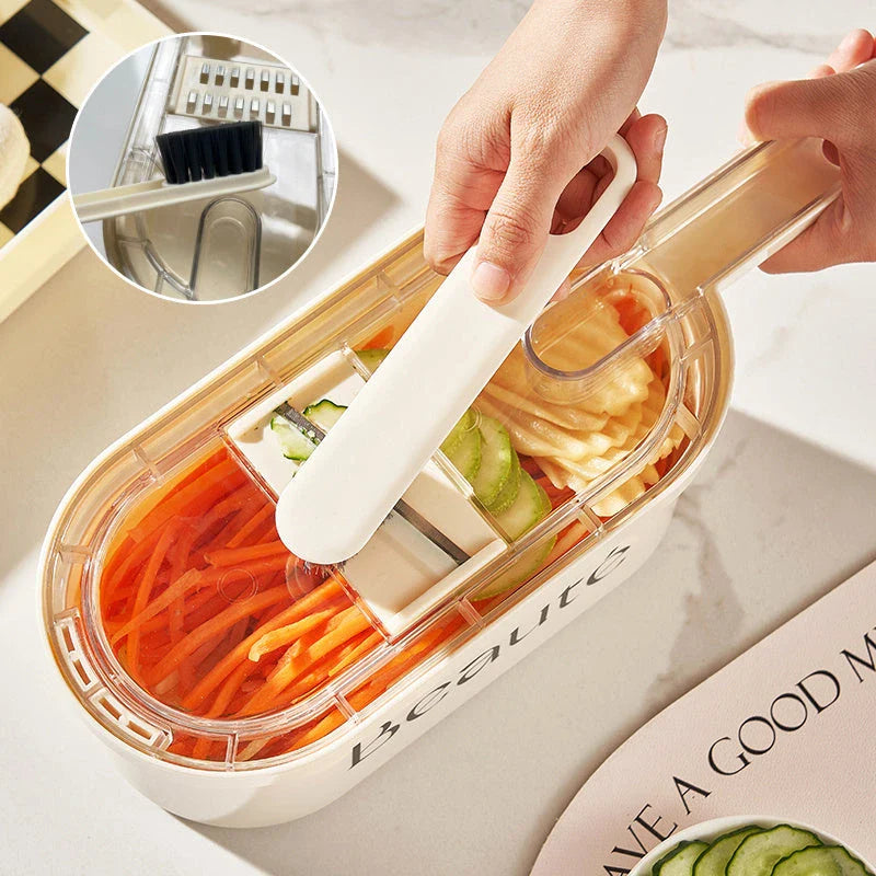 Versatile vegetable chopper with various blades, basket, and cleaning brush - efficient tool for slicing, dicing, shredding, and more