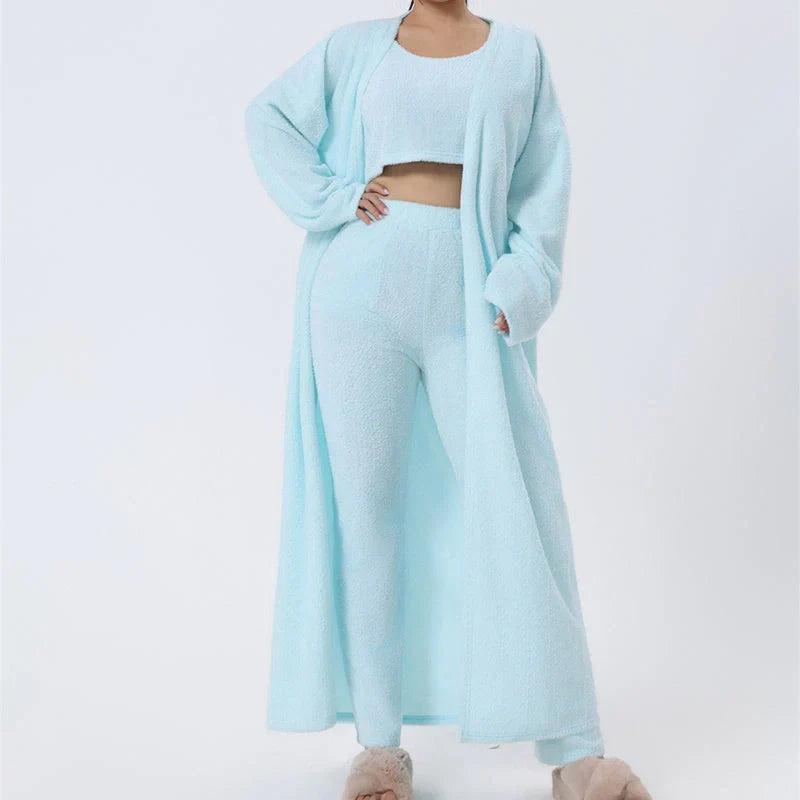 Cozy 3-Piece Lounge Set in soft, fluffy cotton-polyester blend with cropped top, wide-leg pants, and matching cardigan in various pastel colors
