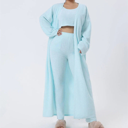 Cozy 3-Piece Lounge Set in soft, fluffy cotton-polyester blend with cropped top, wide-leg pants, and matching cardigan in various pastel colors