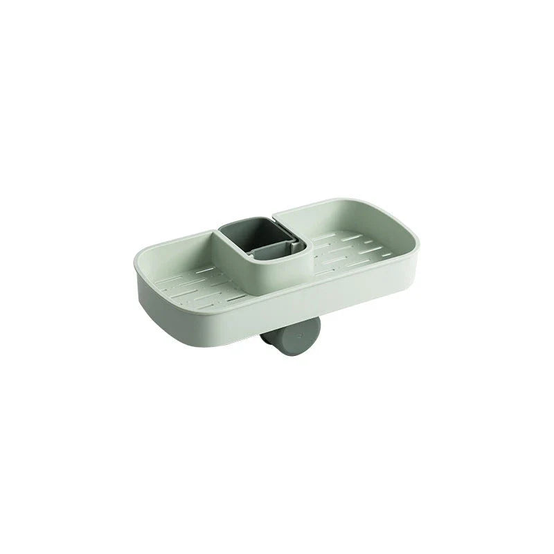 A versatile faucet-mounted sink caddy with compartments for storing sponges, detergent, and other kitchen essentials