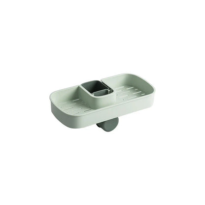A versatile faucet-mounted sink caddy with compartments for storing sponges, detergent, and other kitchen essentials