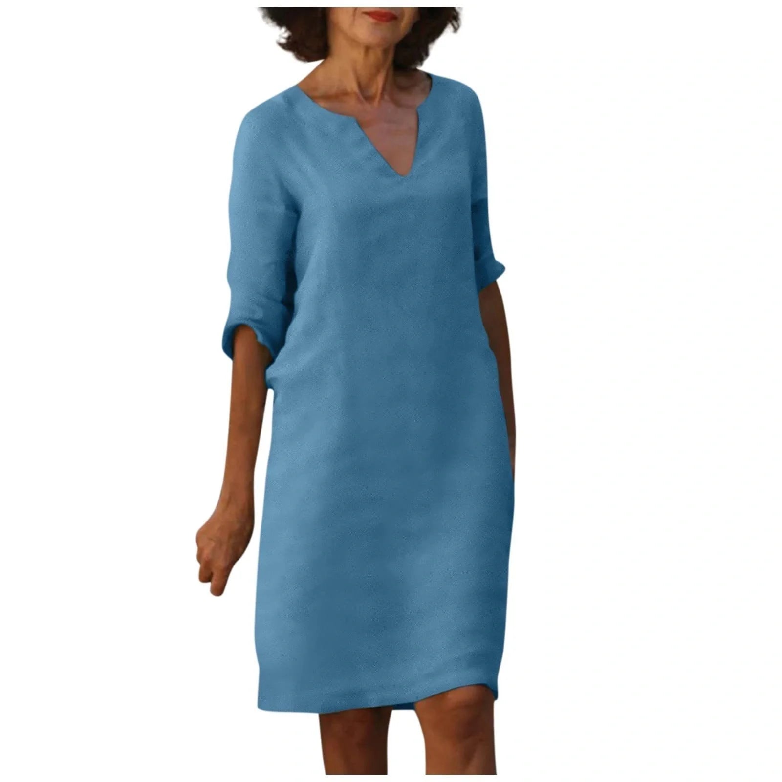 Retro high waist cotton-linen V-neck dress in various colours