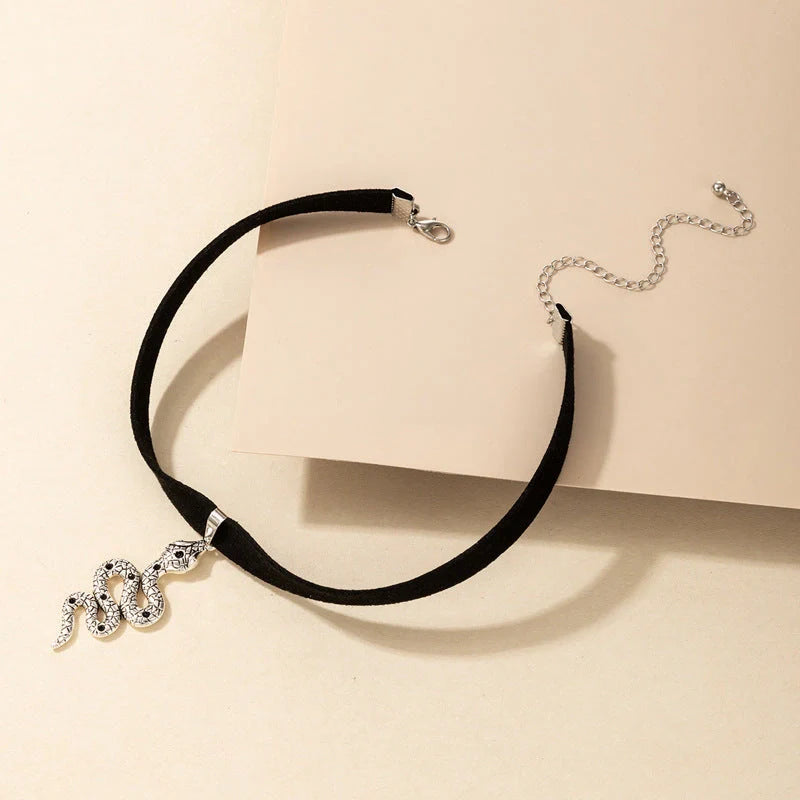 Witchy Gothic Grunge Velvet Choker Necklace in silver and gold with baroque snake design