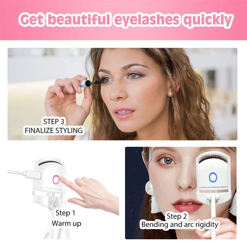 Rechargeable heated eyelash curler with temperature control, perfect for curling and defining lashes
