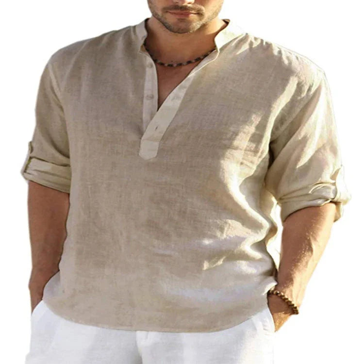 A stylish linen-blend men's casual shirt with a stand collar, button-down closure, and slim tailored fit