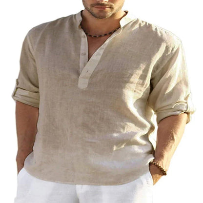 A stylish linen-blend men's casual shirt with a stand collar, button-down closure, and slim tailored fit