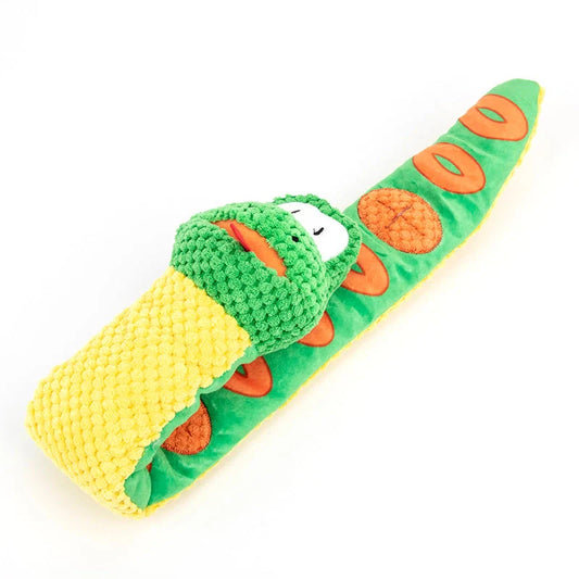 Snake-shaped polar fleece snuffle toy for dogs with foraging treats
