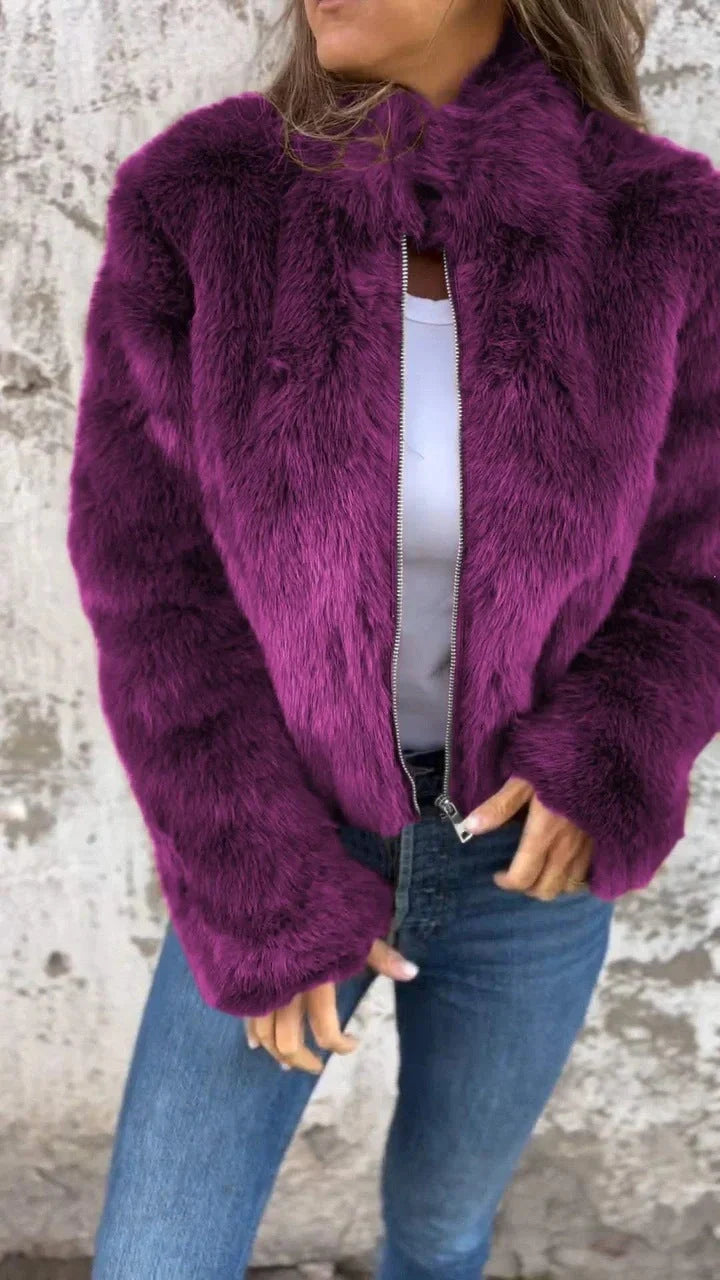 Women's winter stand collar zipper fleece jacket in faux fur, available in multiple colours