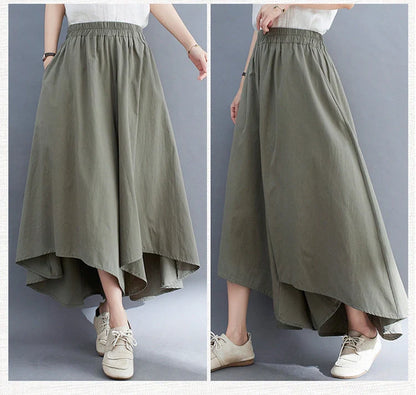 Stylish ladies' loose cropped trousers in various colours, including black, light green, blue, and apricot