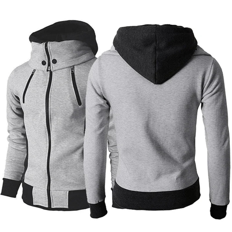 Men's zip-up hooded jacket with touchscreen functionality, available in light grey, white, dark grey, and beige white colors