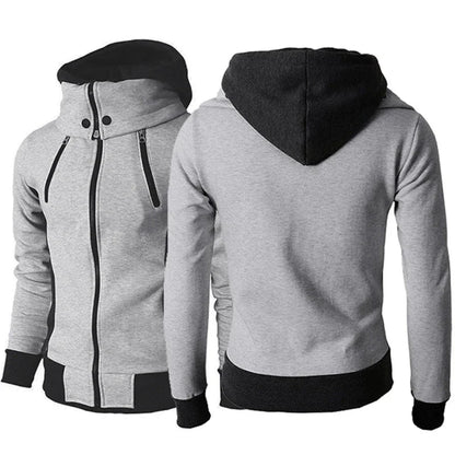 Men's zip-up hooded jacket with touchscreen functionality, available in light grey, white, dark grey, and beige white colors