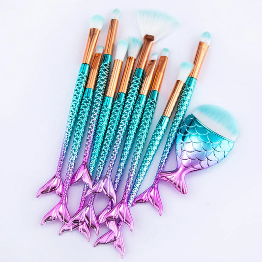 11-piece mermaid themed makeup brush set with synthetic fibres for flawless application