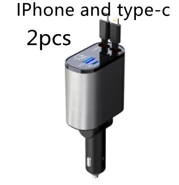 Ultra-Fast 100W Car Charger with Retractable Cable and Adjustable Connector for Rapid Smartphone, Tablet, and Laptop Charging