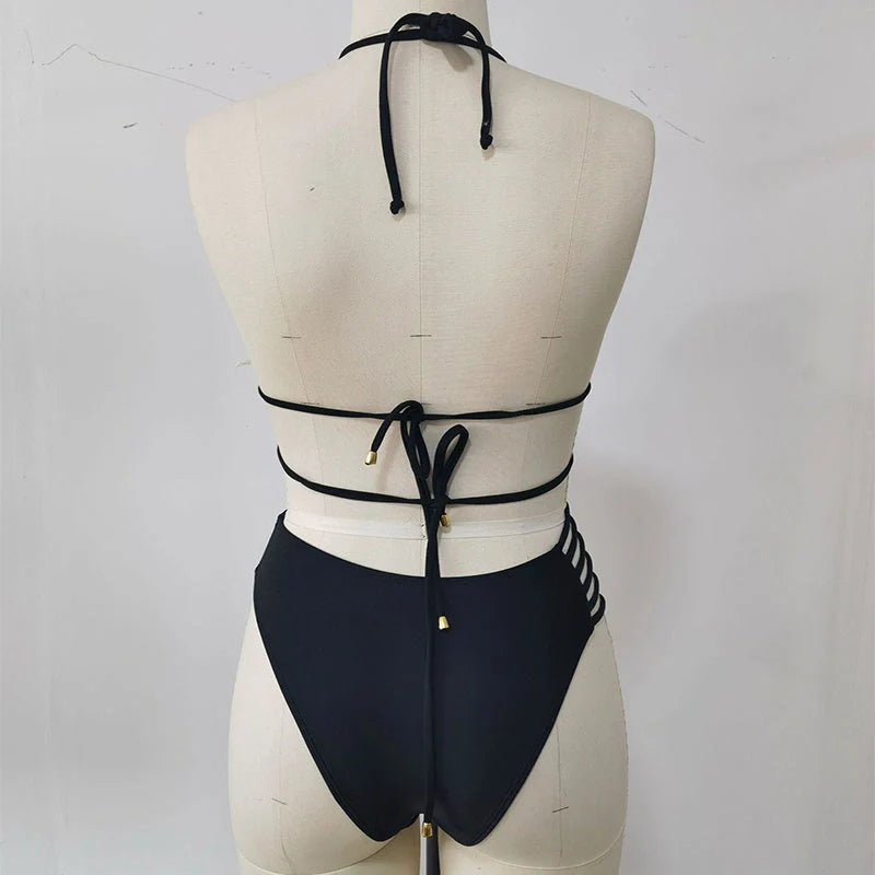 Leopard print halter neck bikini set with cutout straps for summer beach wear