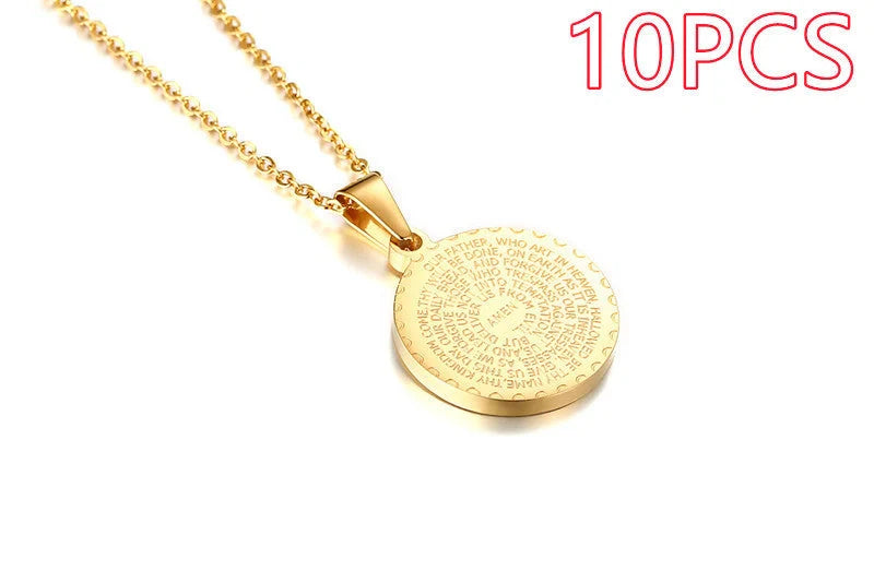 Premium stainless steel pendant with sparkling rhinestones and engraved English Scripture