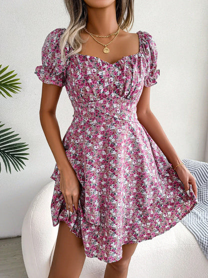 Stylish floral mini dress with A-line silhouette, high waist, and ruffled hem in various vibrant colors