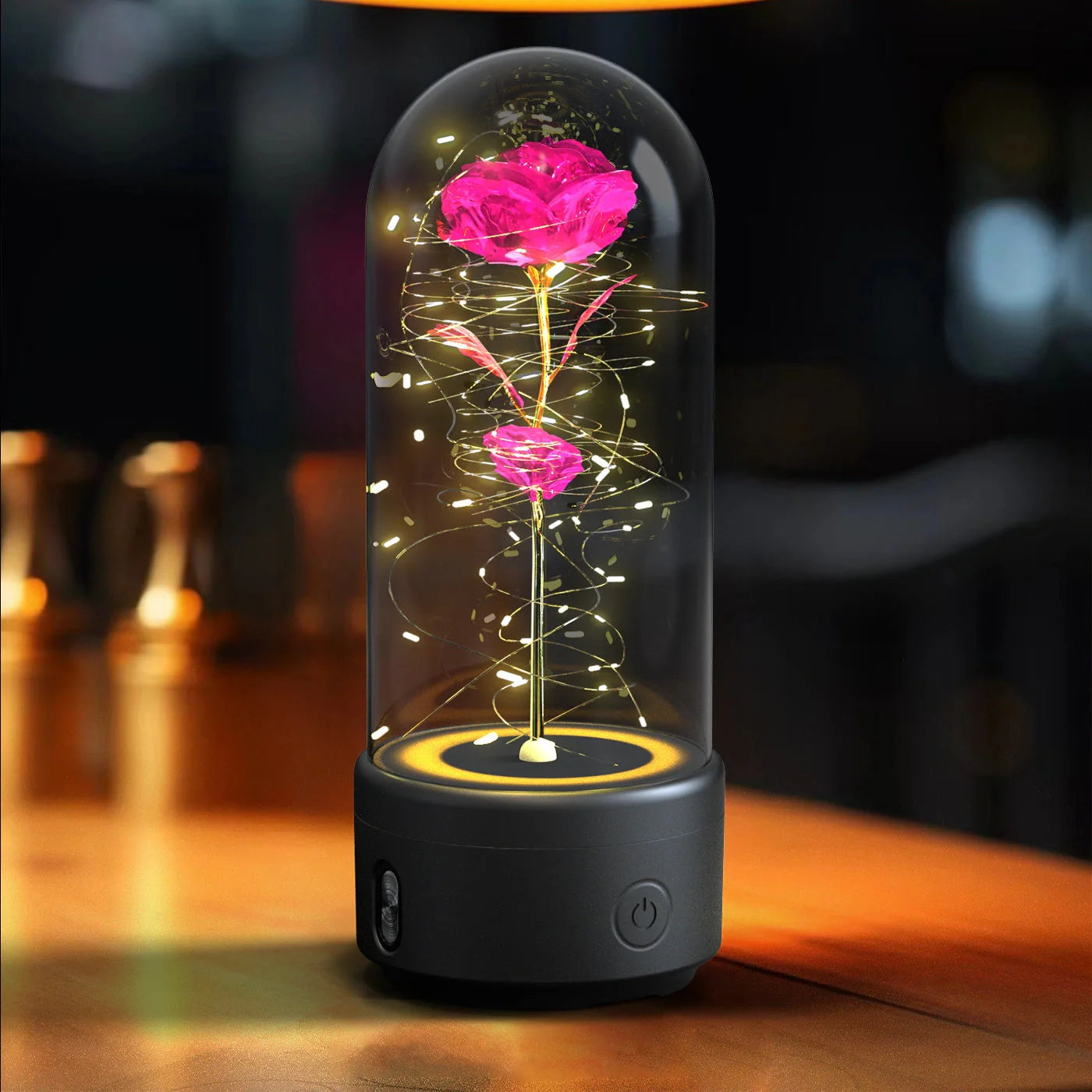 Elegant LED rose light with Bluetooth speaker in glass cover