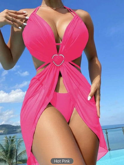 Women's 3-piece halter neck bikini set in solid colours for beach and summer