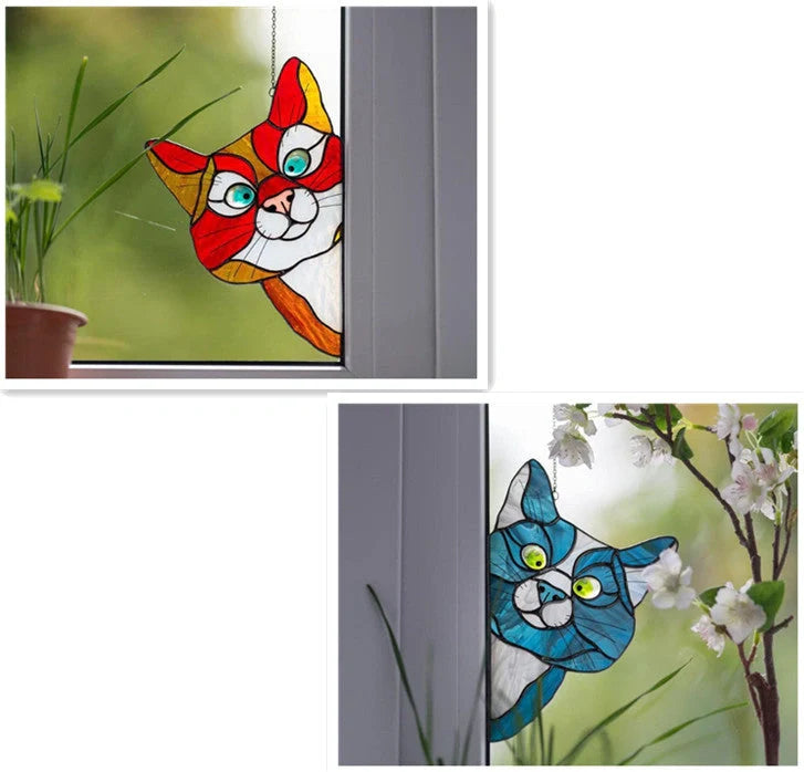 Colourful stained glass cat window hanger decoration, reusable PVC sticker